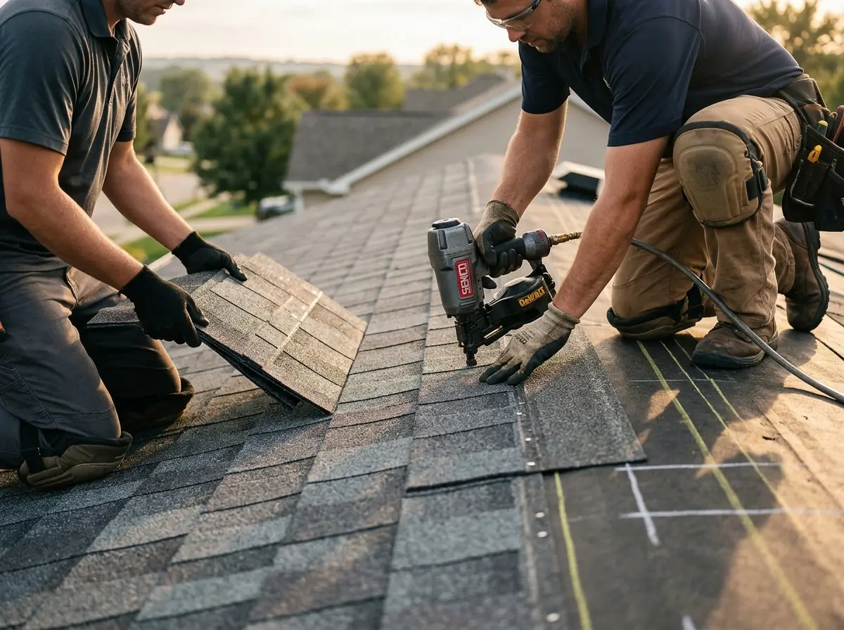 Professional roofer working on a residential roof in San Pablo